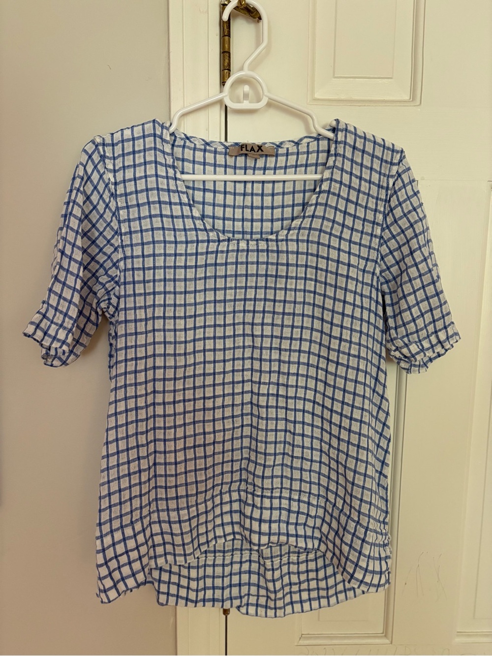 Flax Blue & White Checked Short Sleeve Linen-Blend Top